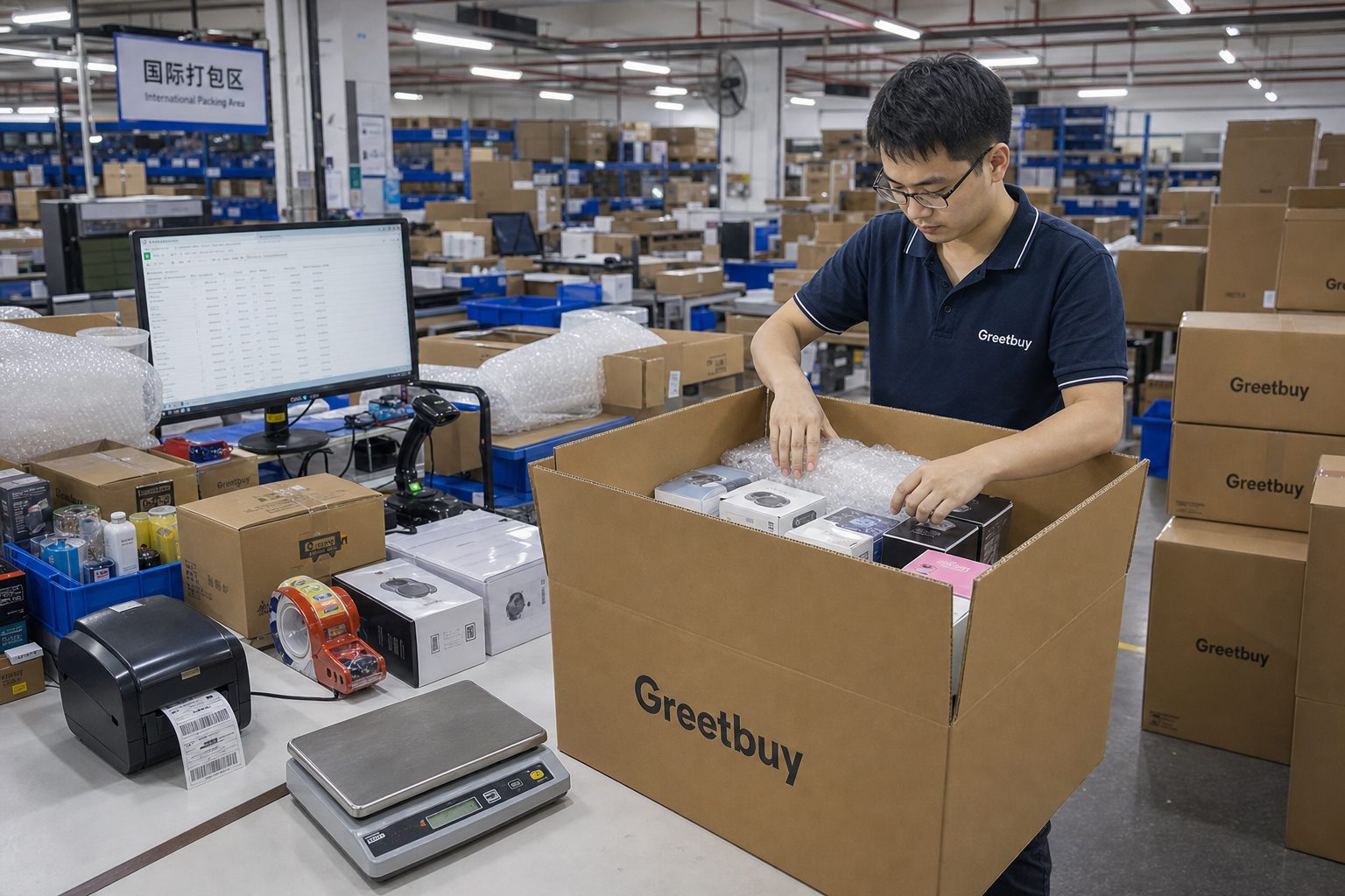 Greetbuy employee packing goods for international shipping