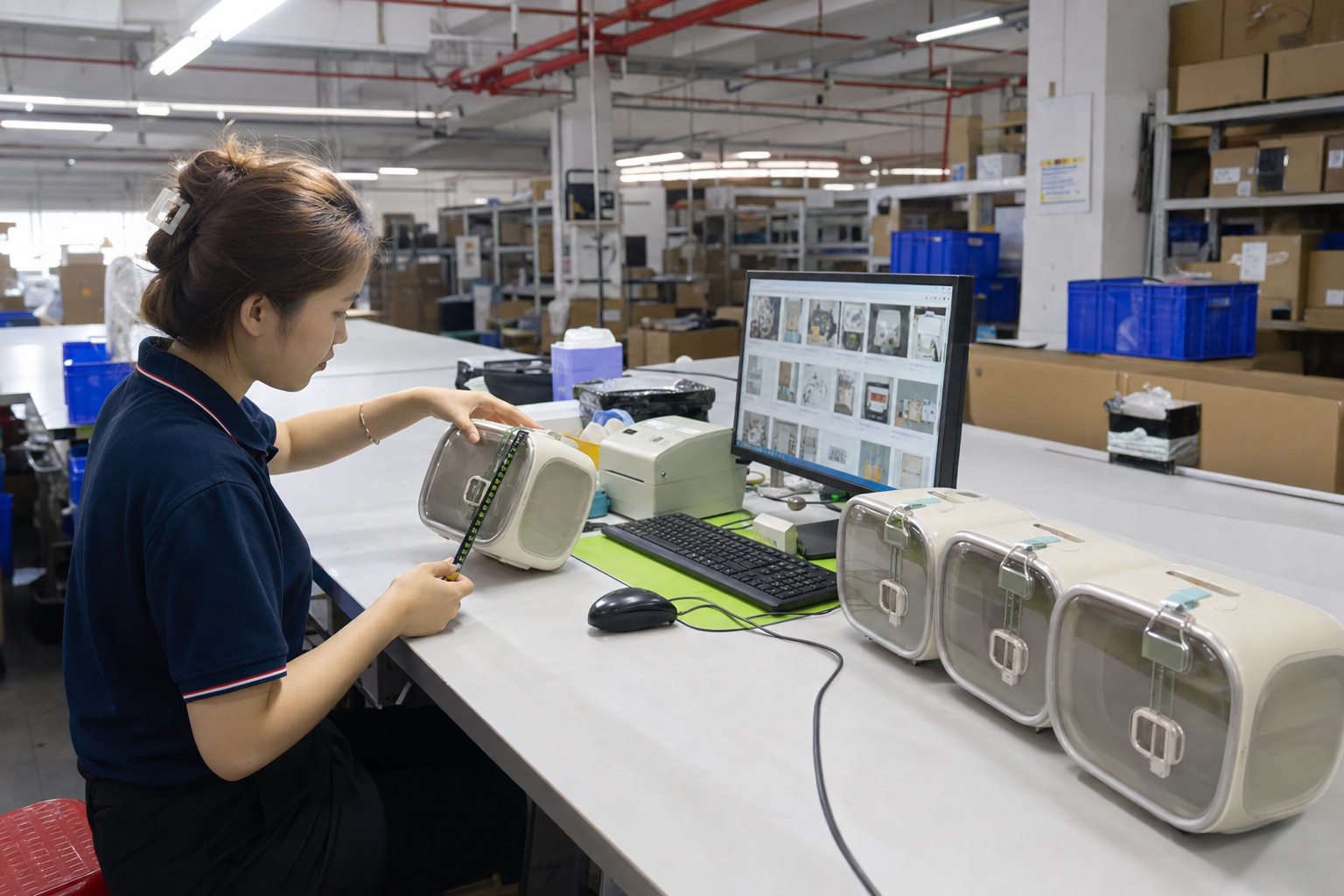 Greetbuy warehouse employee inspecting arrived products