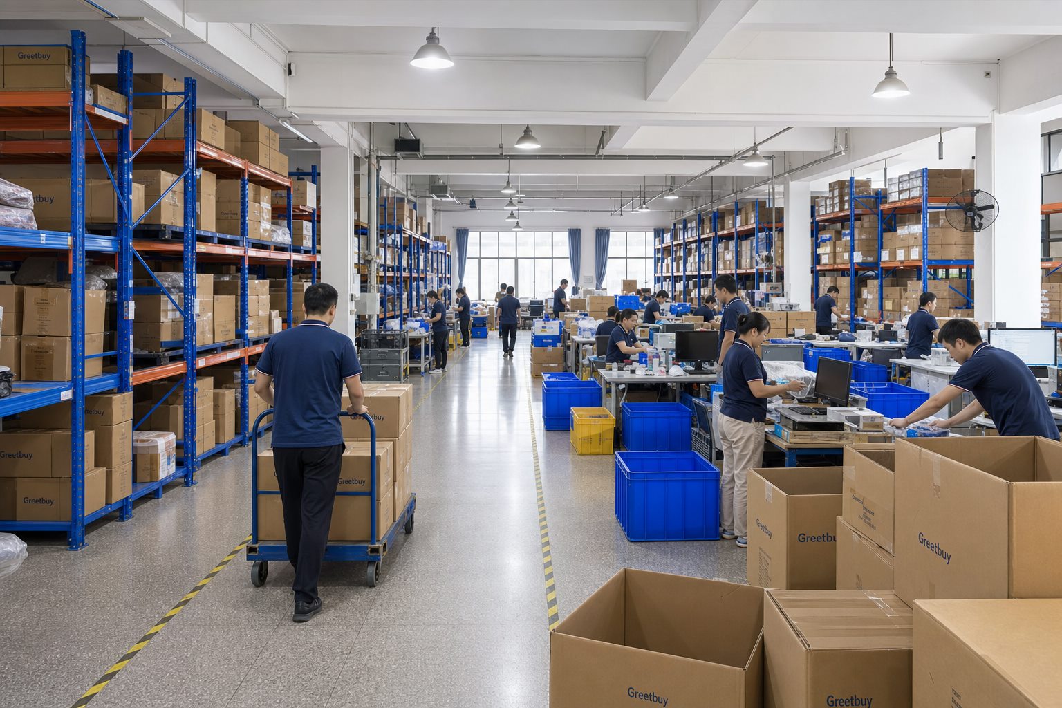 Goods from multiple suppliers and staff inside the Greetbuy warehouse